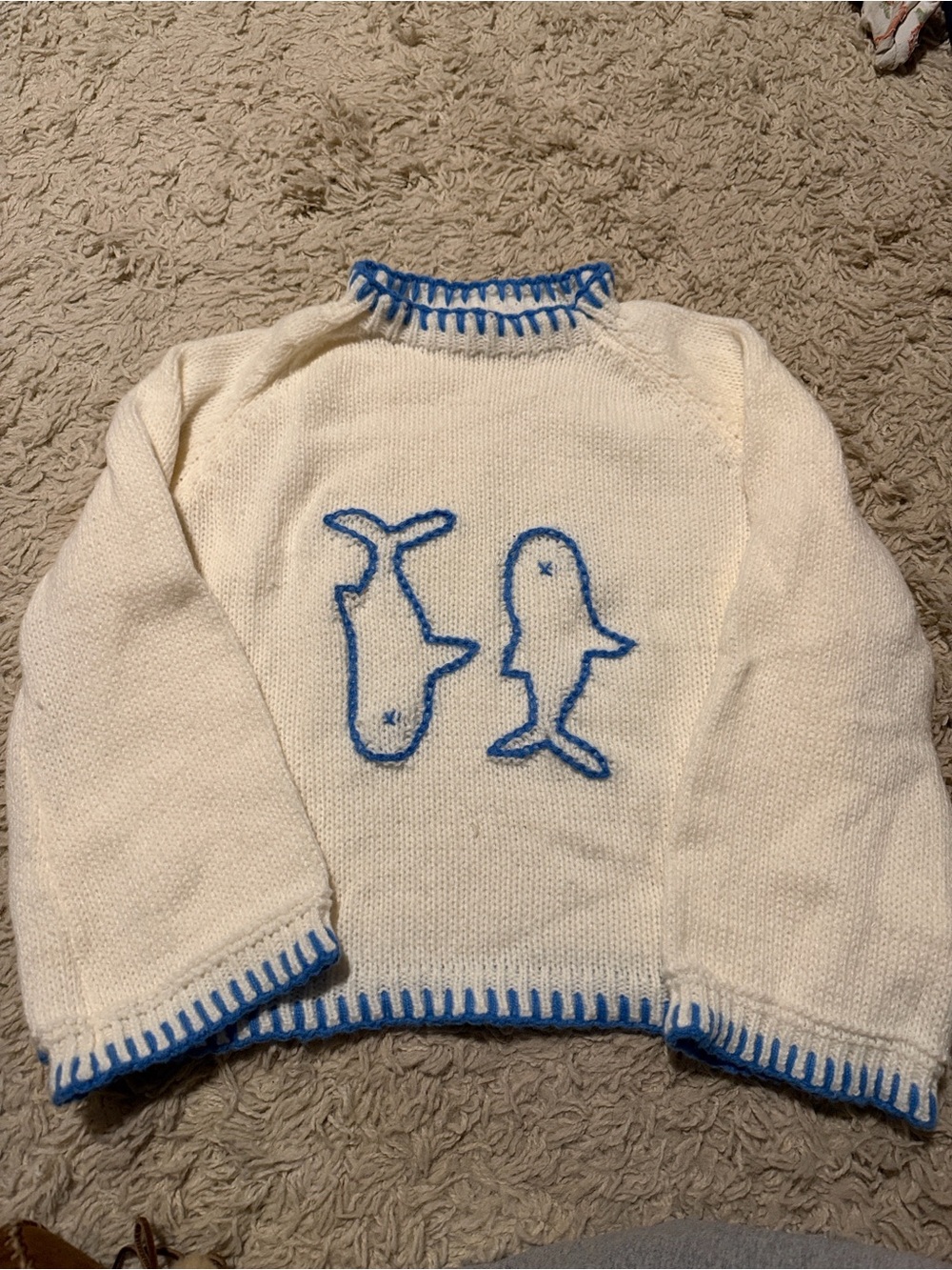 Forever 21 Cream Knit Crewneck Sweater with Blue Whale Outline